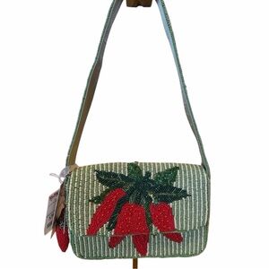 Handcrafted in India Beaded Green and Red Pepper Shoulder Bag